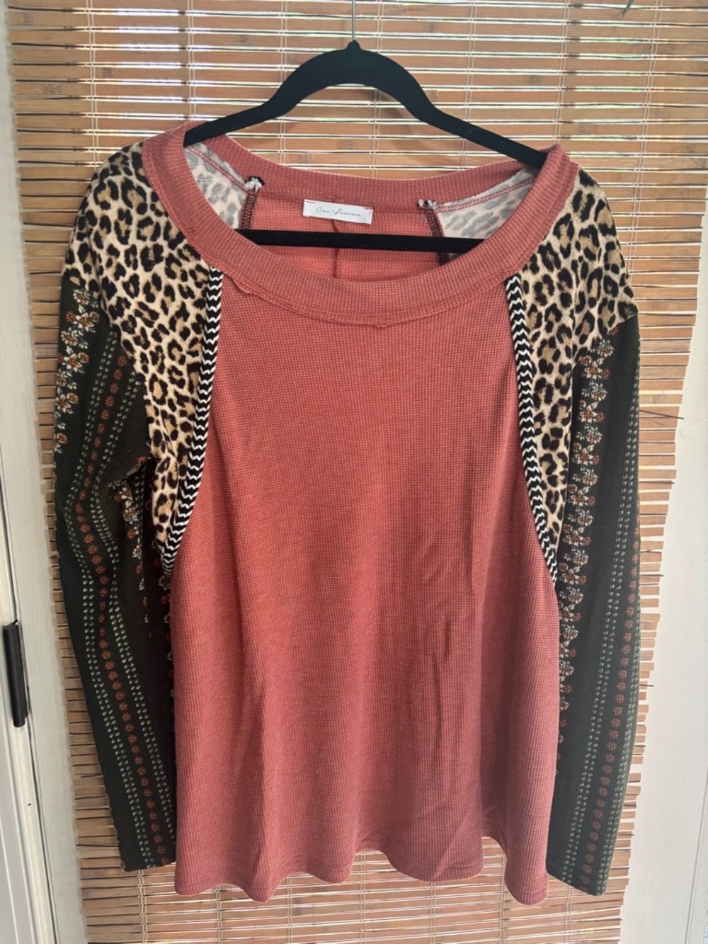 Ces Femme  Oversized Waffle Knit Top Mixed Print Cow Leopard Sleeves Large Shirt